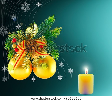Golden balls, cone spruce,  and sprigs to decorate and candles burning for Christmas, against a green-blue background
