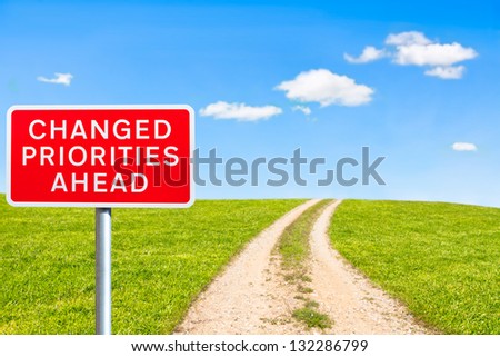 traditional british road sign priorities changed ahead on rural road leading to the top of the hill