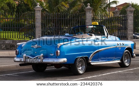 HAVANA,CUBA - JUNE 20, 2014: Blue american classic car as taxi in havana
