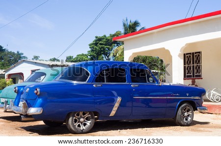 HAVANA,CUBA - JUNE 21, 2014: american blue classic car parked by the house