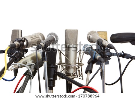 Microphones prepared for conference meeting isolated on white Microphones prepared for conference meeting isolated on white