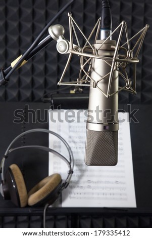 Condenser microphone prepared for singer in vocal recording room