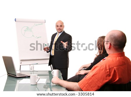 A group of young business people having a flip chart presentation. Isolated on white