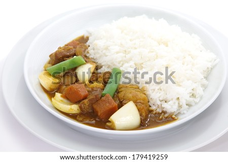 japanese traditional food beef curry and vegetable with steamed rice