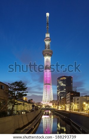 Tokyo - Mar 29 :Tokyo sky tree is the highest free-standing structure in Japan and 2nd in the world. In Sakura season Sky tree will be illuminate by pink LED light on Mar 29,2014 in Tokyo Japan