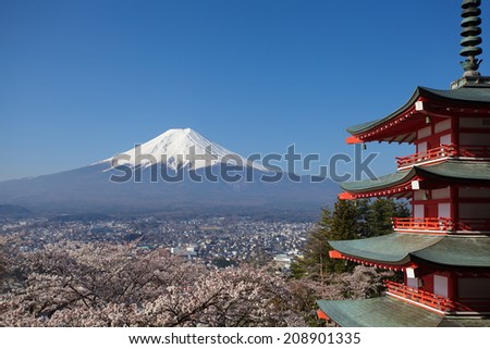 view of mountain fuji taken from chureito pagoda at kawaguchiko , japan
