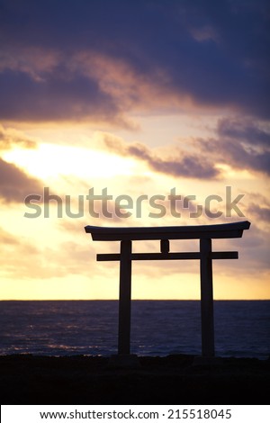 Beautiful Japan landscape of traditional Japanese gate and sea from Oarai Isosaki Shrine