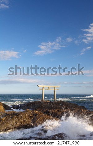 Beautiful Japan landscape of traditional Japanese gate and sea from Oarai Isosaki Shrine