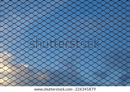 Metal wire mesh and evening blue sky in background