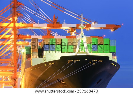 Cargo freight ship with stacked container at harbor terminal