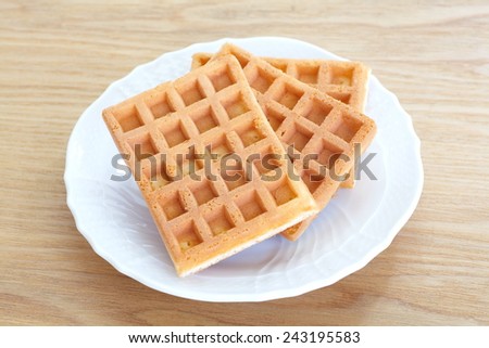 Delicious sweet waffle in ceramic plate on white plate