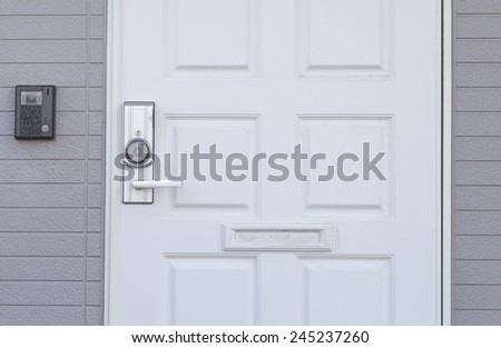 White wood door and brick wall background