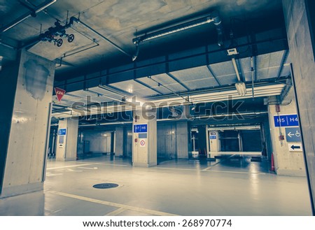Empty space of underground car parking at night time