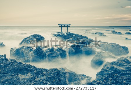 Japan landscape of traditional Japanese gate and sea at Oarai  Ibaraki prefecture