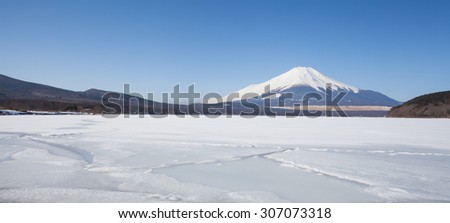 Mountain fuji and Ice lake in winter at Yamanakako lake ,Yamanashi