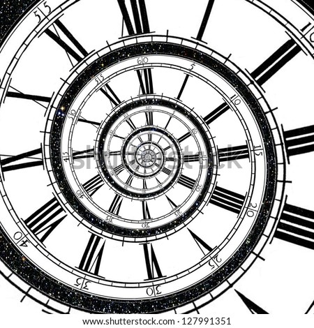Clock face stretches as a spiral into infinity with a sky full of stars in the background