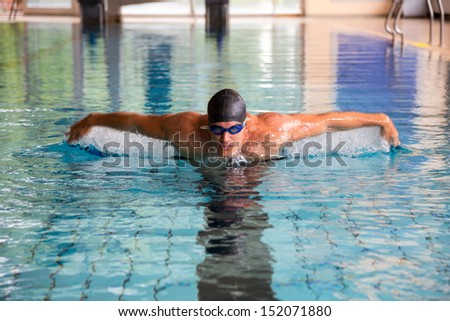 Man swims butterfly style in indoor public swimming pool