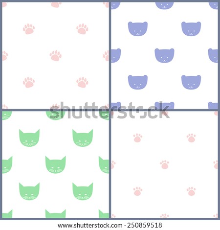 Set of seamless backgrounds with cat, bear and traces. Cute animal  vector patterns. Baby shower design.