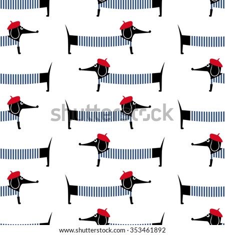 French style dog seamless pattern. Cute cartoon parisian dachshund vector illustration. Child drawing style puppy background. French style dressed dog with red beret and striped frock.
