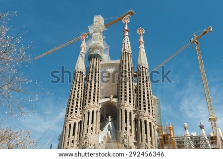 BARCELONA, SPAIN - APRIL 2, 2015: La Sagrada Familia (Cathedral of the Holy Family built by Antonio Gaudi)