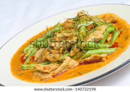hot Thai red curry with Chicken with Green Beans and Kaffir lime leaves