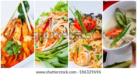 Collage of thai food (Tom Yum Kung, Som Tum, Pad Thai, Green curry)