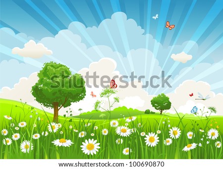 Summer vector landscape with trees and meadow of flowers eps10