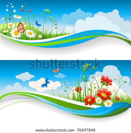 stock vector : Two  summer natural banners with flowes and blue sky