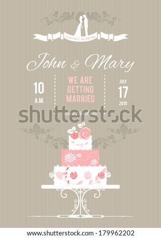 Vector wedding card with wedding cake. Holiday background