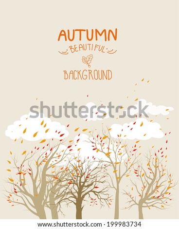 Autumn vector background with flying leaves, trees and clouds.