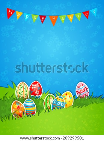 Holiday Easter background with eggs. Place for text. Raster version.