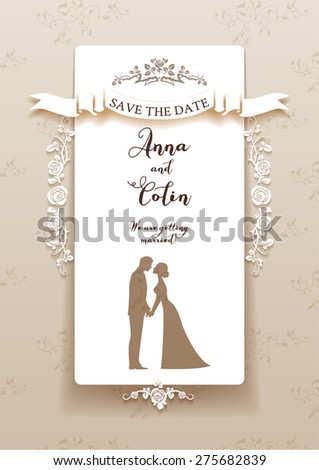 Elegant wedding invitation with bride and groom. Holiday design for leaflet, cards, invitation and so on. Place for text.