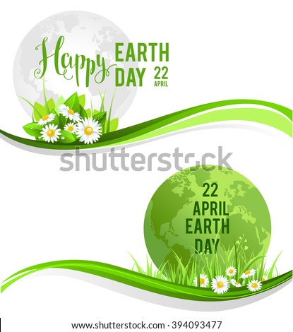 Happy earth day banners for design banner,ticket, leaflet and so on.Template page for Earth day. Holiday card. Green globe and flowers and grass.