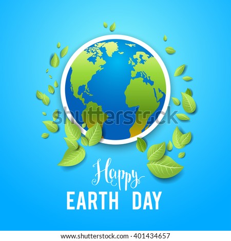 Eco holiday card on blue background. Concept for design banner,ticket, leaflet and so on.Template page for Earth day. Holiday card. Green globe and leaves.