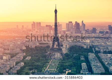 The sunset at Paris city with Eiffel Tower in France.