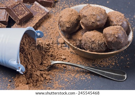 Chocolates, Cocoa Powder and pieces of chocolate on a dark background