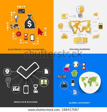 Set of modern stickers Concept of electronic funds transfers online learning results & success global economy Vector eps10 illustration Set of modern stickers Concept of electronic funds transfers online learning results & success global economy Vector eps10 illustration
