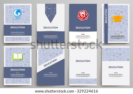 Corporate identity vector templates set with doodles education theme. Target marketing concept