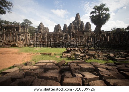 Ancient Khmer architecture. Amazing view of Bayon temple at sunset. Angkor Wat complex, Siem Reap, Cambodia travel