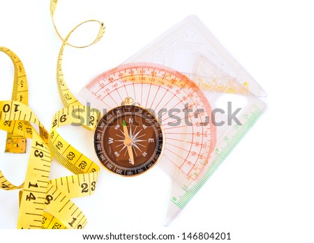 Measure Tape, Compass, ruler isolated on white background