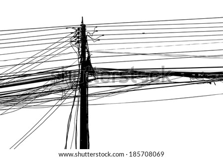 Chaotic mess of a wires on a pillar on white background