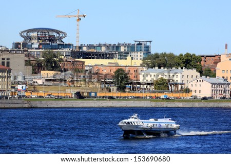 Russia,Saint-Petersburg,06 September 2013:meeting of heads of state G20.  embankment of the river Neva, hydrofoil ship for transportation of participants of the summit.