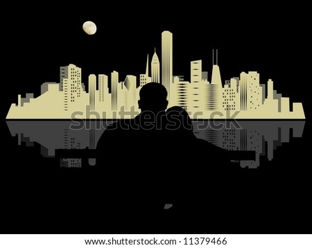 Couple hugging and looking at night city skyline and the Moon.
