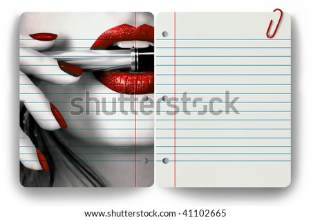 Woman holding pen in her mouth and clear notepad