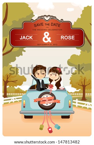 Just Married : Cute Wedding Car On The Road Invitation Card Template Vector/Illustration