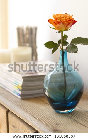 orange rose in blue vase contemporary interior blur background
