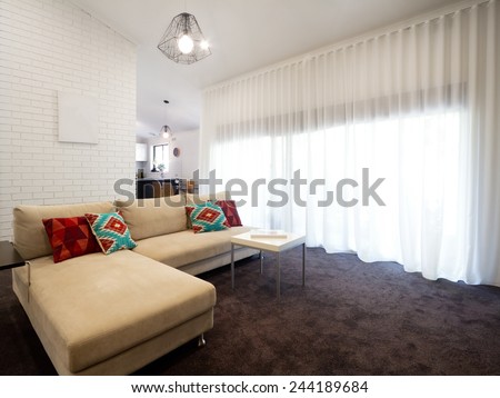 Contemporary home living room with sheer curtains
