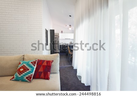 Modern living room sofa cushions and sheer curtains horizontal