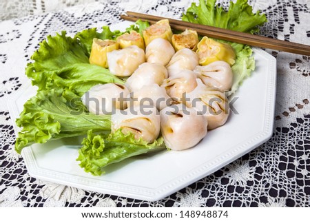 Steamed dumplings with shrimp and vegetables.Chinese recipe
