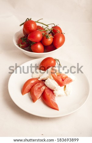 Italian Buffalo mozzarella cheese and red tomatoes on a white background